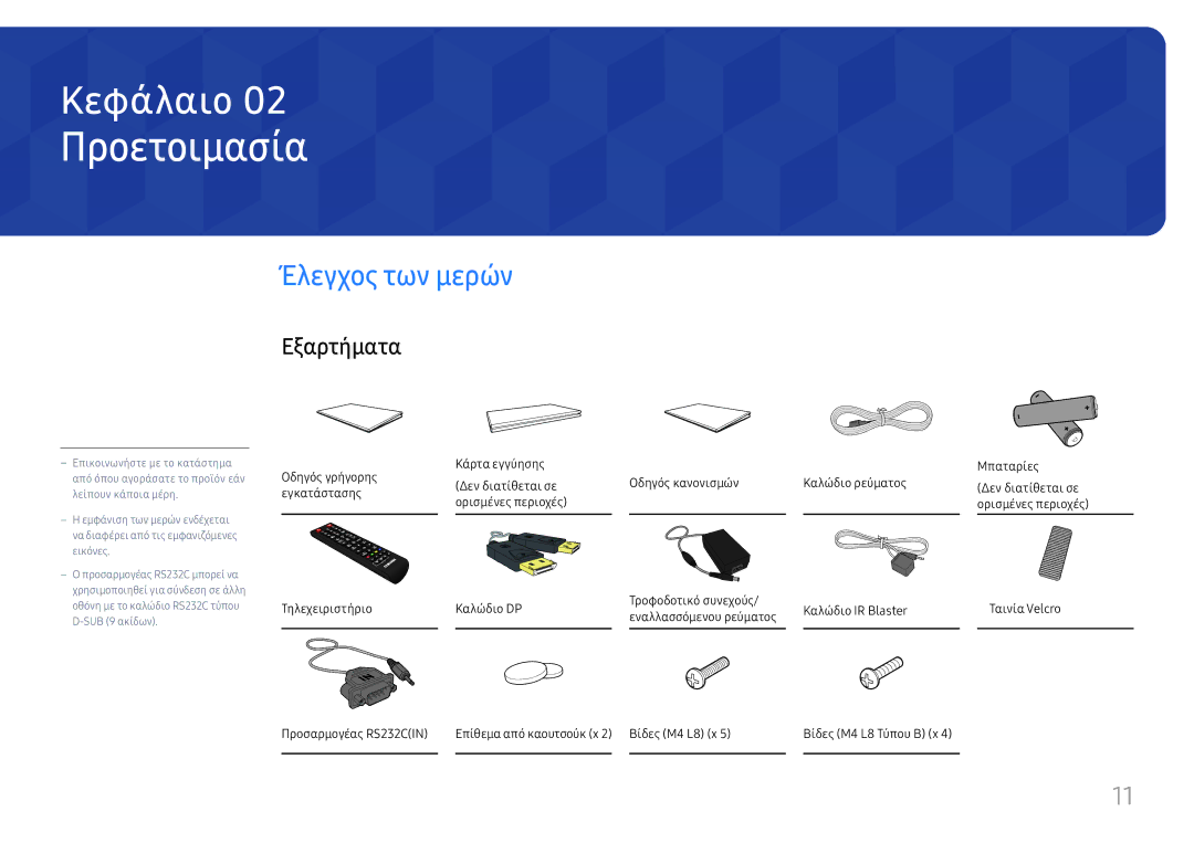 Samsung SBB-SS08FL1/EN manual Προετοιμασία, Έλεγχος των μερών, Εξαρτήματα 