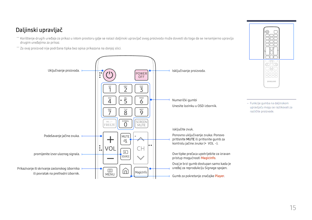 Samsung SBB-SS08FL1/EN manual Daljinski upravljač, Gumb za pokretanje značajke Player 