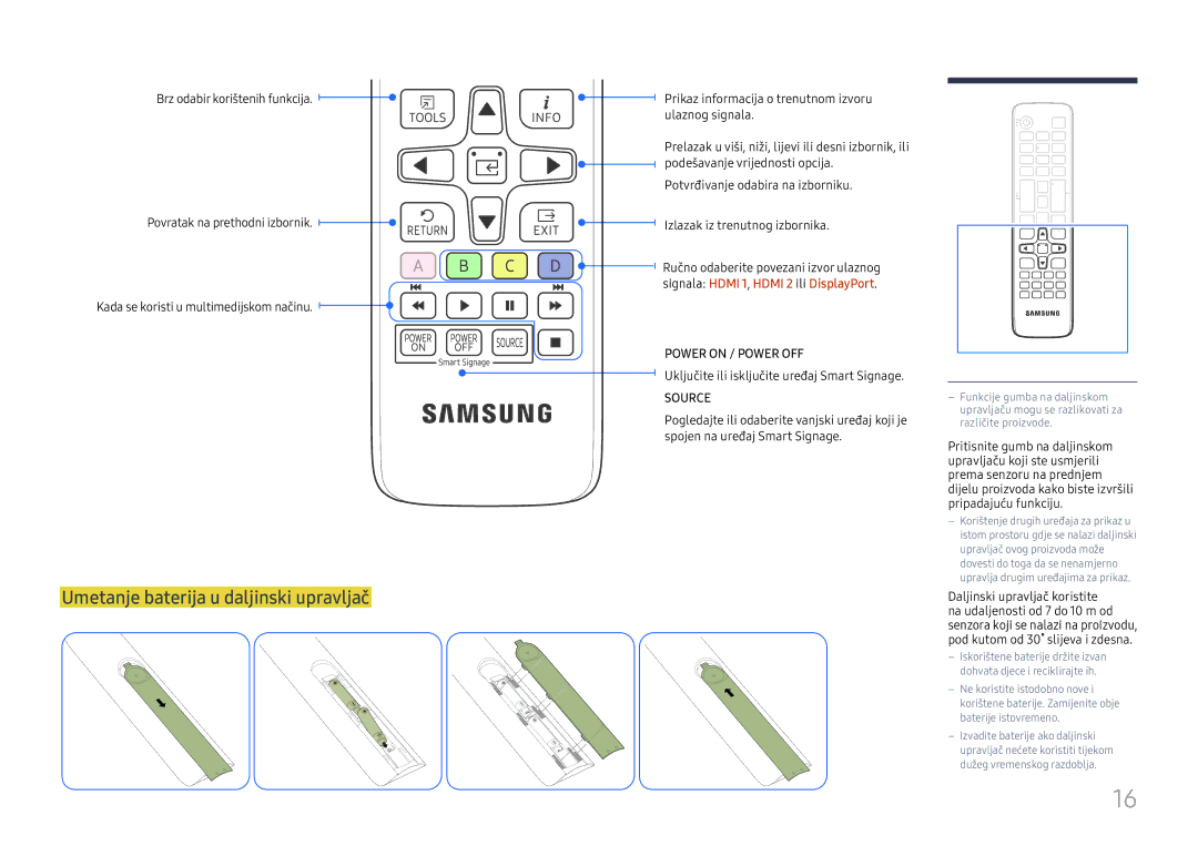 Samsung SBB-SS08FL1/EN manual Umetanje baterija u daljinski upravljač, Uključite ili isključite uređaj Smart Signage 