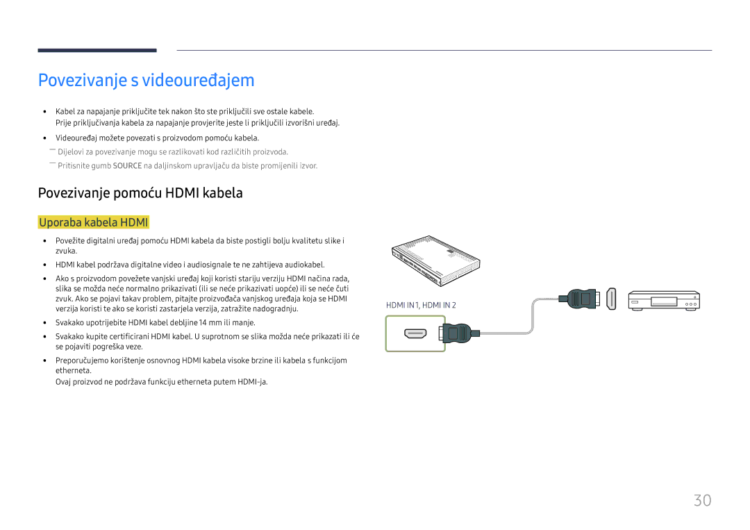 Samsung SBB-SS08FL1/EN manual Povezivanje s videouređajem, Uporaba kabela Hdmi 