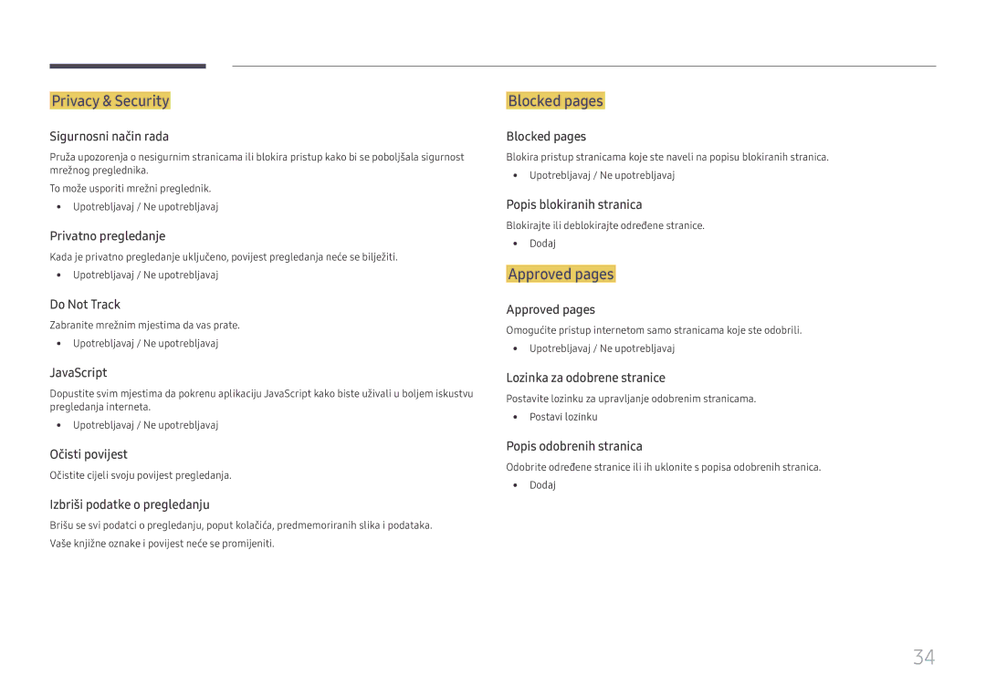 Samsung SBB-SS08FL1/EN manual Privacy & Security, Blocked pages, Approved pages, Očistite cijeli svoju povijest pregledanja 