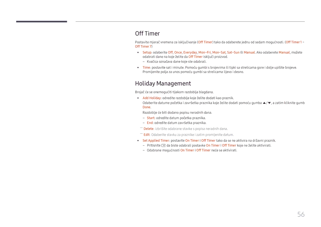 Samsung SBB-SS08FL1/EN manual Off Timer, Holiday Management, Done 