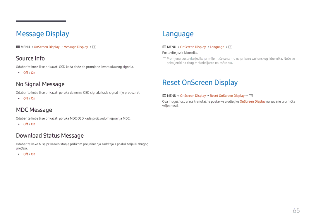 Samsung SBB-SS08FL1/EN manual Message Display, Language, Reset OnScreen Display 