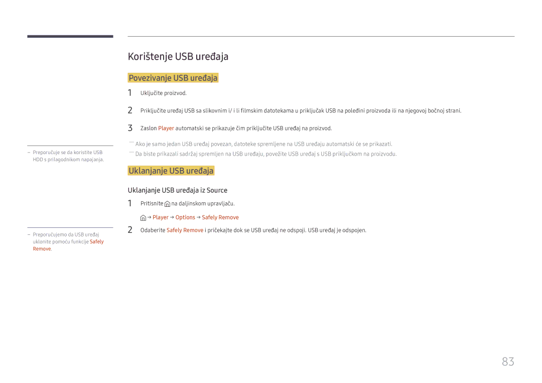 Samsung SBB-SS08FL1/EN manual Korištenje USB uređaja, Povezivanje USB uređaja, Uklanjanje USB uređaja, Uključite proizvod 