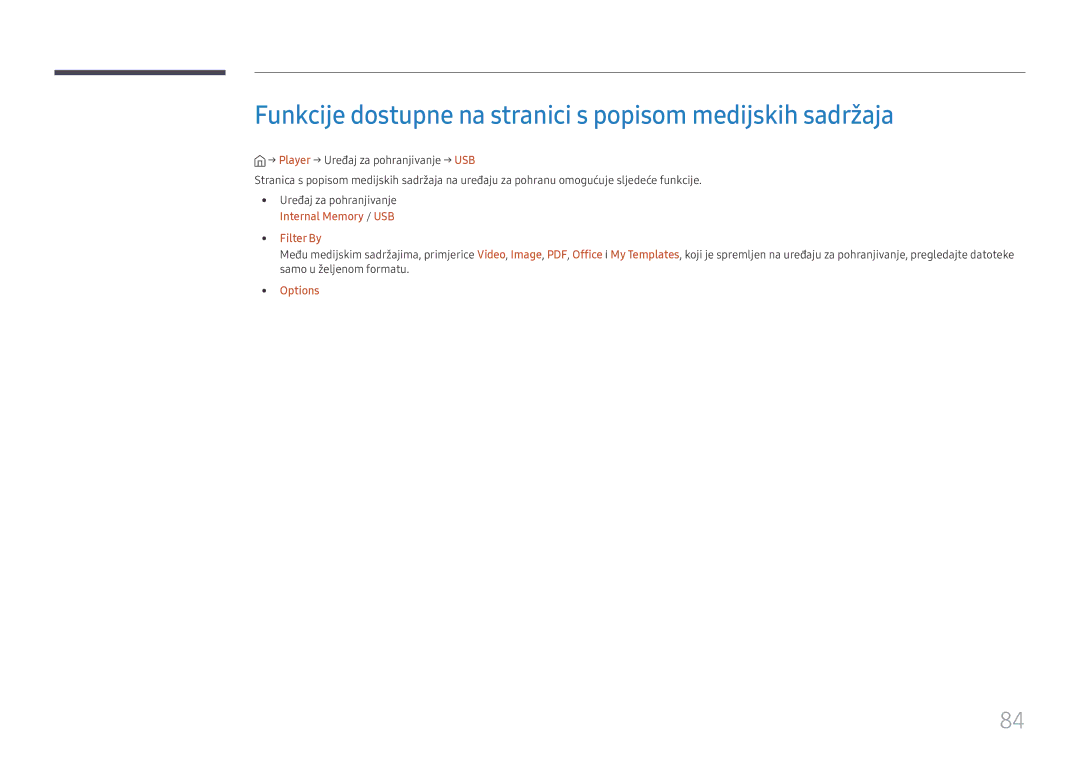 Samsung SBB-SS08FL1/EN Funkcije dostupne na stranici s popisom medijskih sadržaja, Internal Memory / USB Filter By Options 