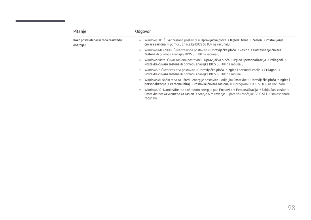 Samsung SBB-SS08FL1/EN manual PitanjeOdgovor, Kako postaviti način rada za uštedu energije? 