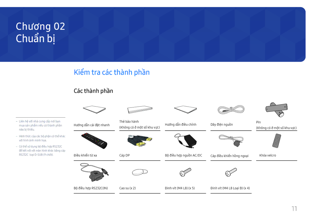 Samsung SBB-SS08FL1/XY manual Chuẩ̉n bị̣, Kiểm tra các thà̀nh phần, Các thà̀nh phần 