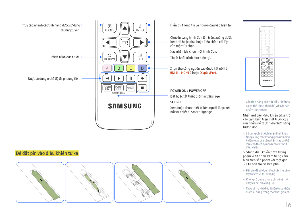 Samsung SBB-SS08FL1/XY manual Để đặ̣t pin và̀o điề̀u khiển từ̀ xa, Bậ̣t hoặ̣c tắ́t thiế́t bị Smart Signage 