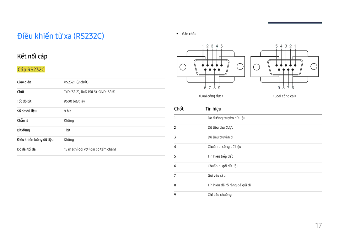 Samsung SBB-SS08FL1/XY manual Điều khiên từ xa RS232C, Kết nối cáp, Cap RS232C, Chốt Tí́n hiệu 