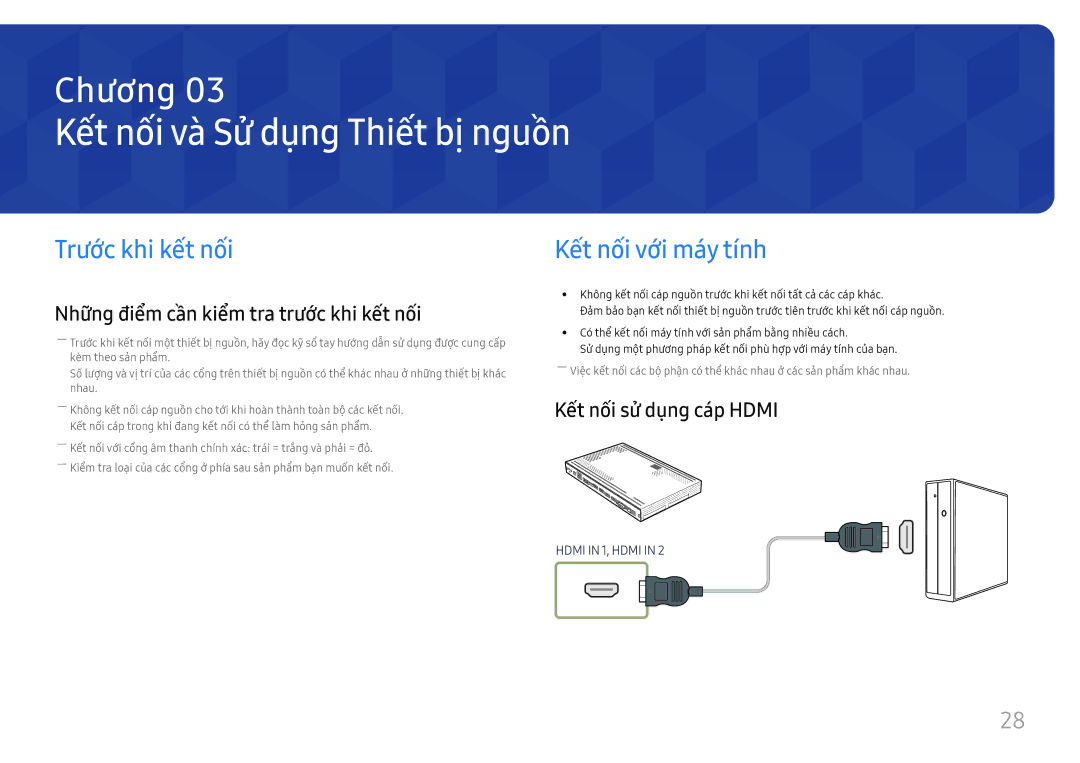 Samsung SBB-SS08FL1/XY manual Kết nối và̀ Sử dụng Thiết bị̣ nguồ̀n, Trước khi kết nối, Kêt nôi vơi may tính 