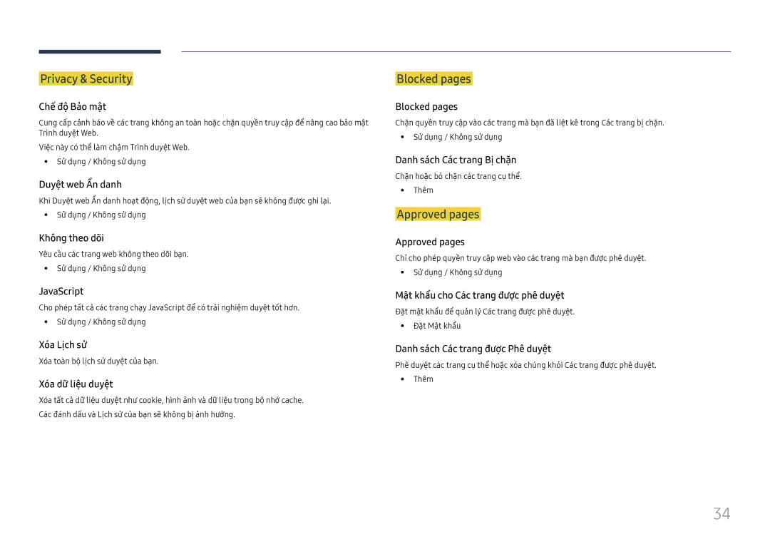 Samsung SBB-SS08FL1/XY manual Privacy & Security, Blocked pages, Approved pages, Xó́a toà̀n bộ̣ lịch sử̉ duyệ̣t củ̉a bạ̣n 