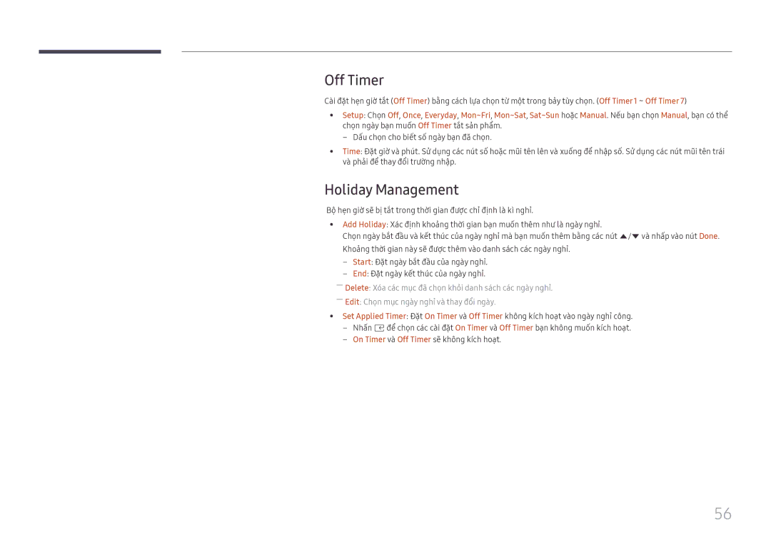 Samsung SBB-SS08FL1/XY manual Off Timer, Holiday Management 