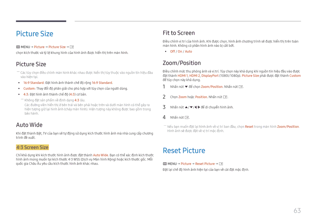 Samsung SBB-SS08FL1/XY manual Picture Size, Reset Picture 