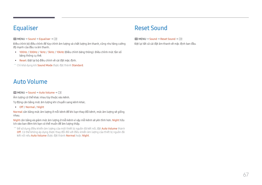 Samsung SBB-SS08FL1/XY Equaliser Reset Sound, Auto Volume, Menu → Sound → Equaliser → E Menu → Sound → Reset Sound → E 