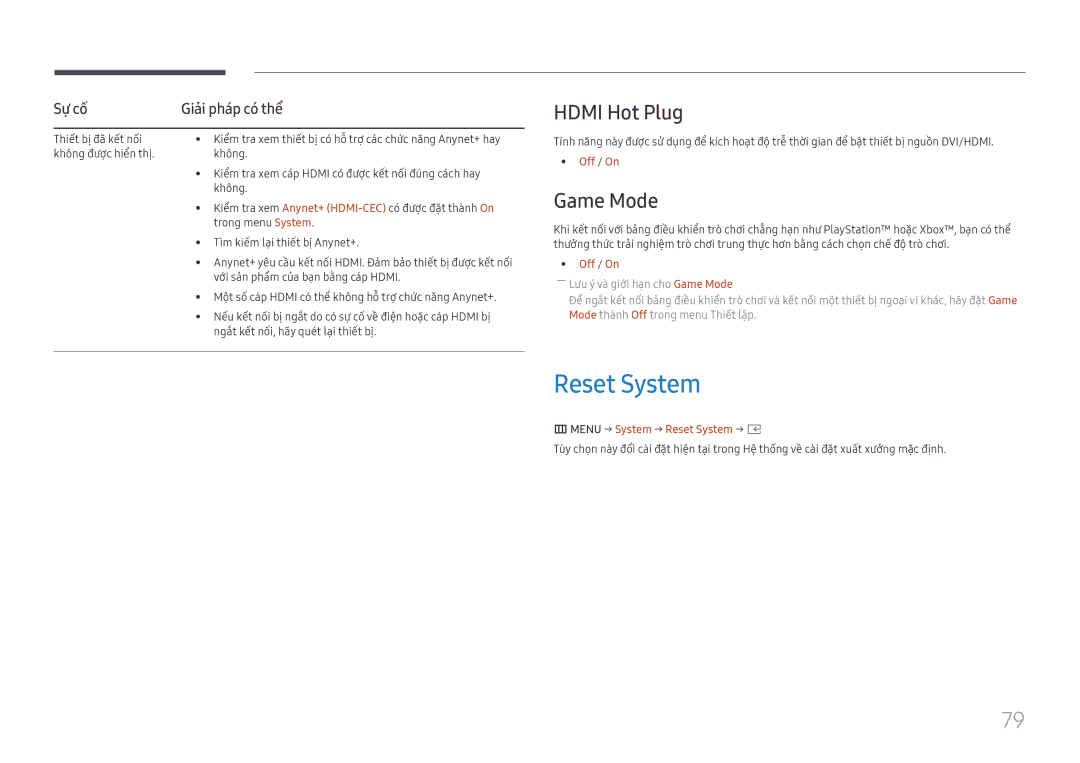 Samsung SBB-SS08FL1/XY manual Hdmi Hot Plug, Game Mode, Menu → System → Reset System → E 