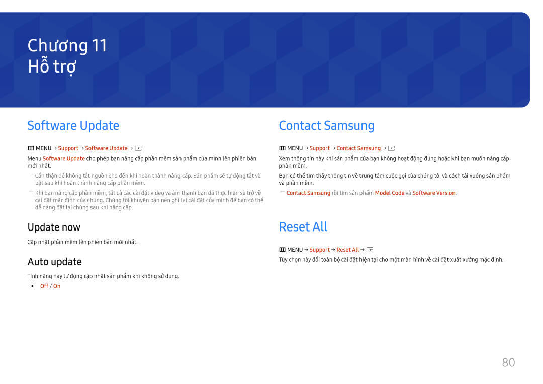 Samsung SBB-SS08FL1/XY manual Hỗ trợ, Software Update, Contact Samsung, Reset All 