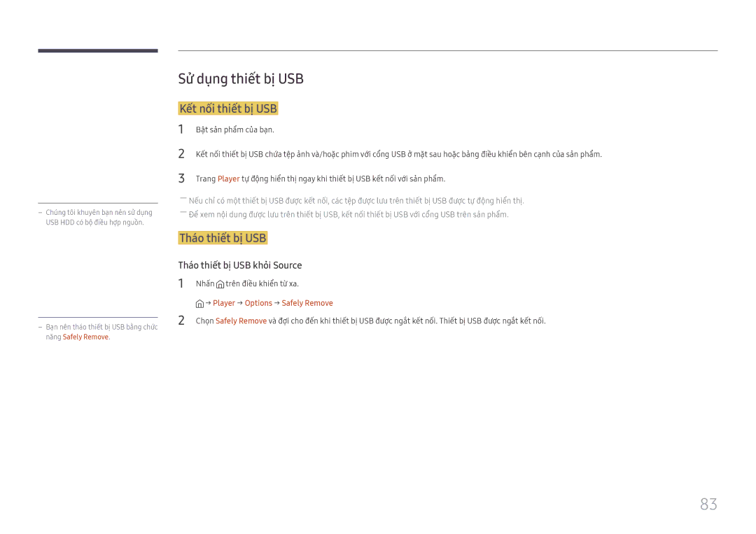 Samsung SBB-SS08FL1/XY Sư dung thiêt bị USB, Kêt nôi thiêt bị USB, Thao thiêt bị USB, Nhấ́n trên điề̀u khiể̉n từ xa 