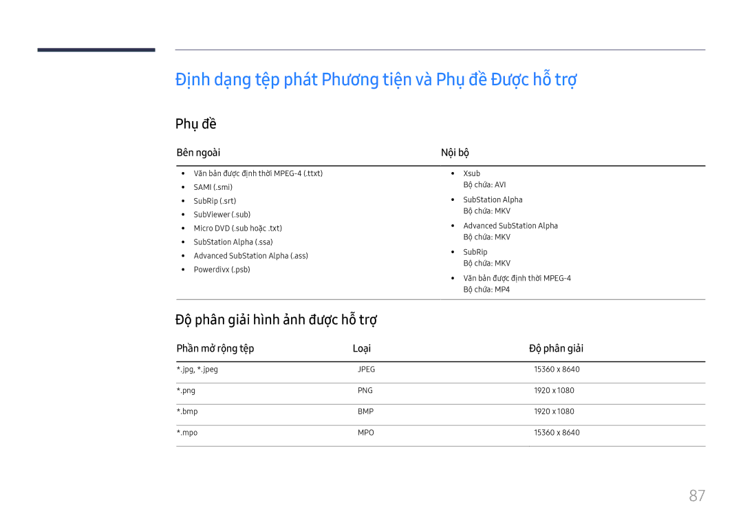 Samsung SBB-SS08FL1/XY manual Định dạng têp phat Phương tiên và Phu đề Được hỗ trợ, Phụ đề̀, Bên ngoài 