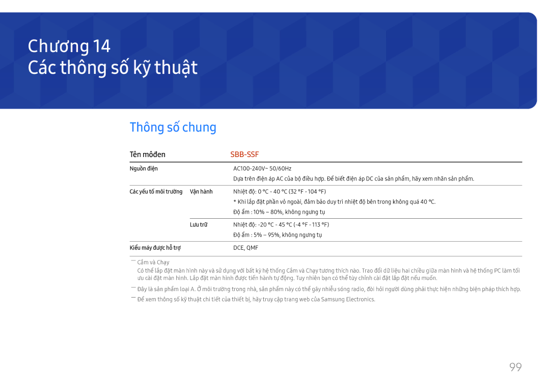 Samsung SBB-SS08FL1/XY manual Cac thông số kỹ thuật, Thông sô chung, Tên môđen 