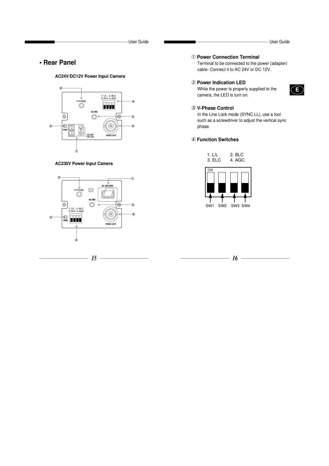 Samsung SBC-300AP Rear Panel, ➀ Power Connection Terminal, ➁ Power Indication LED, ③ V-Phase Control, ④ Function Switches 