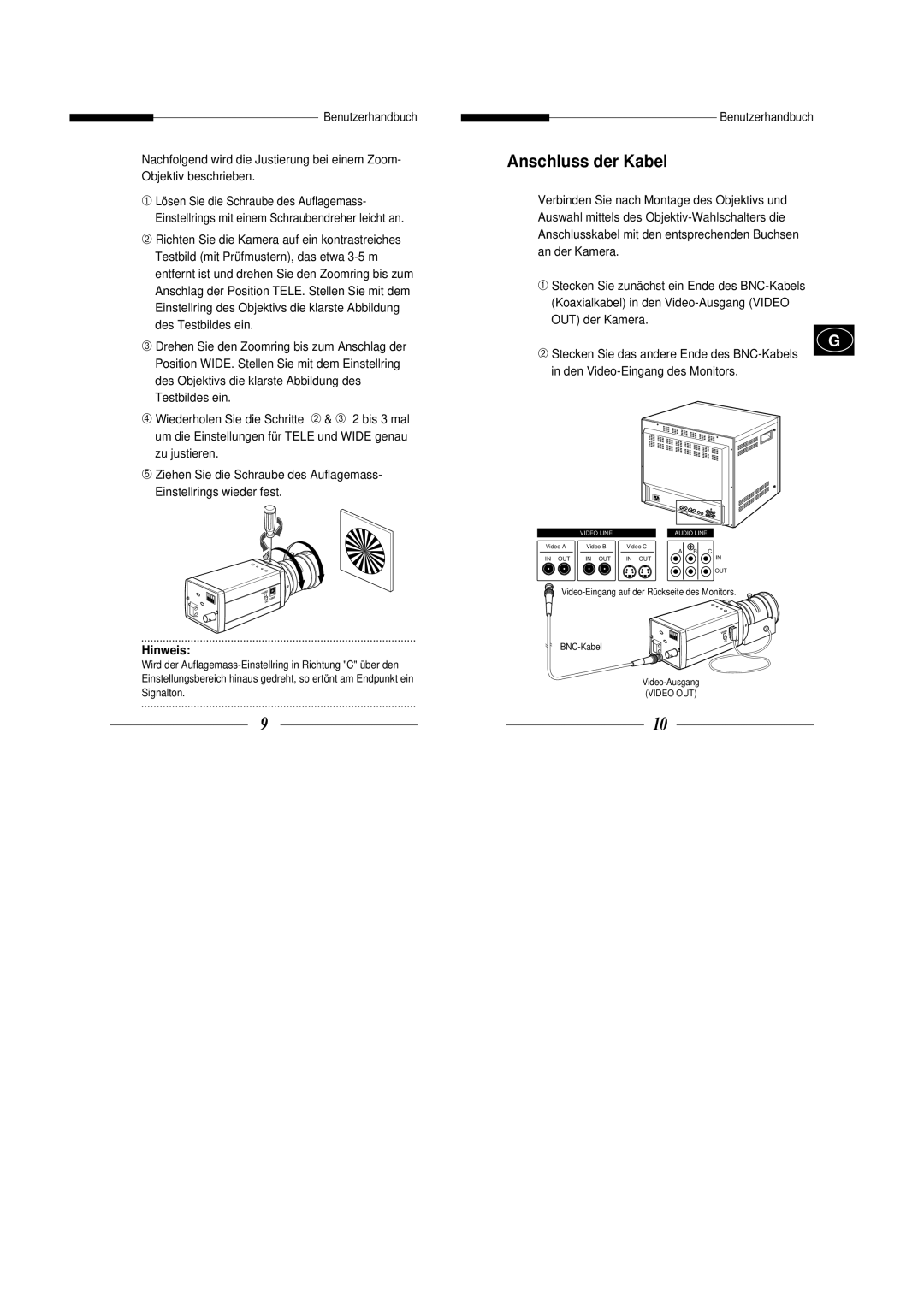 Samsung SBC-301AP, SBC-300AP manual Anschluss der Kabel, Zu justieren, Hinweis 