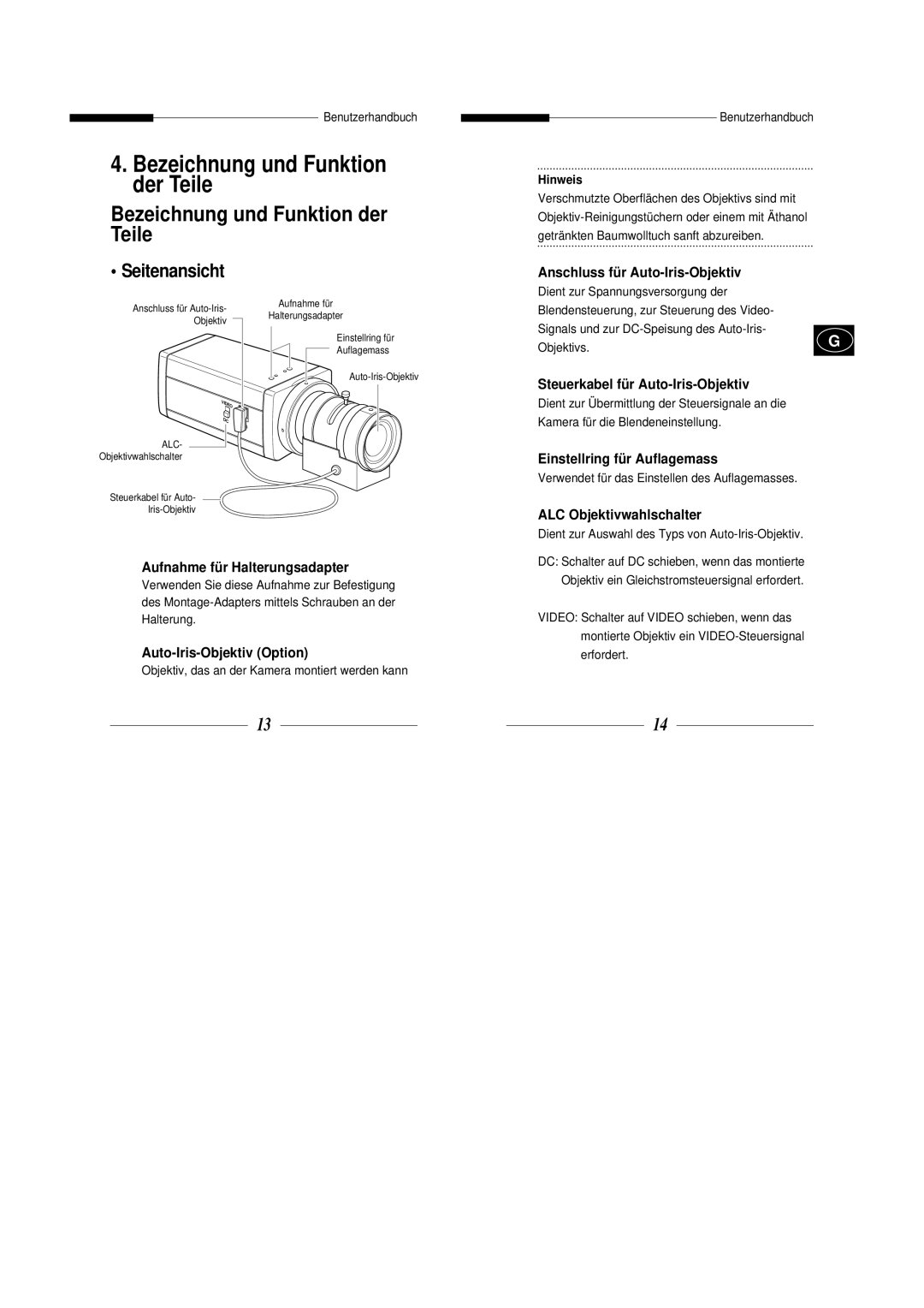 Samsung SBC-301AP, SBC-300AP manual Bezeichnung und Funktion der Teile, Seitenansicht 