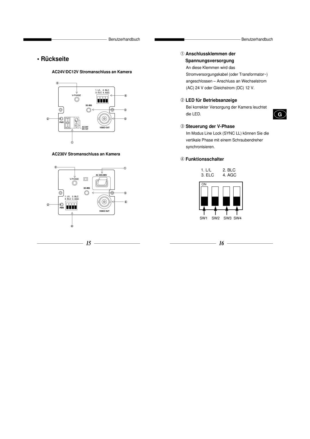 Samsung SBC-300AP, SBC-301AP manual Rückseite, ➁ LED für Betriebsanzeige, ➂ Steuerung der V-Phase, ➃ Funktionsschalter 