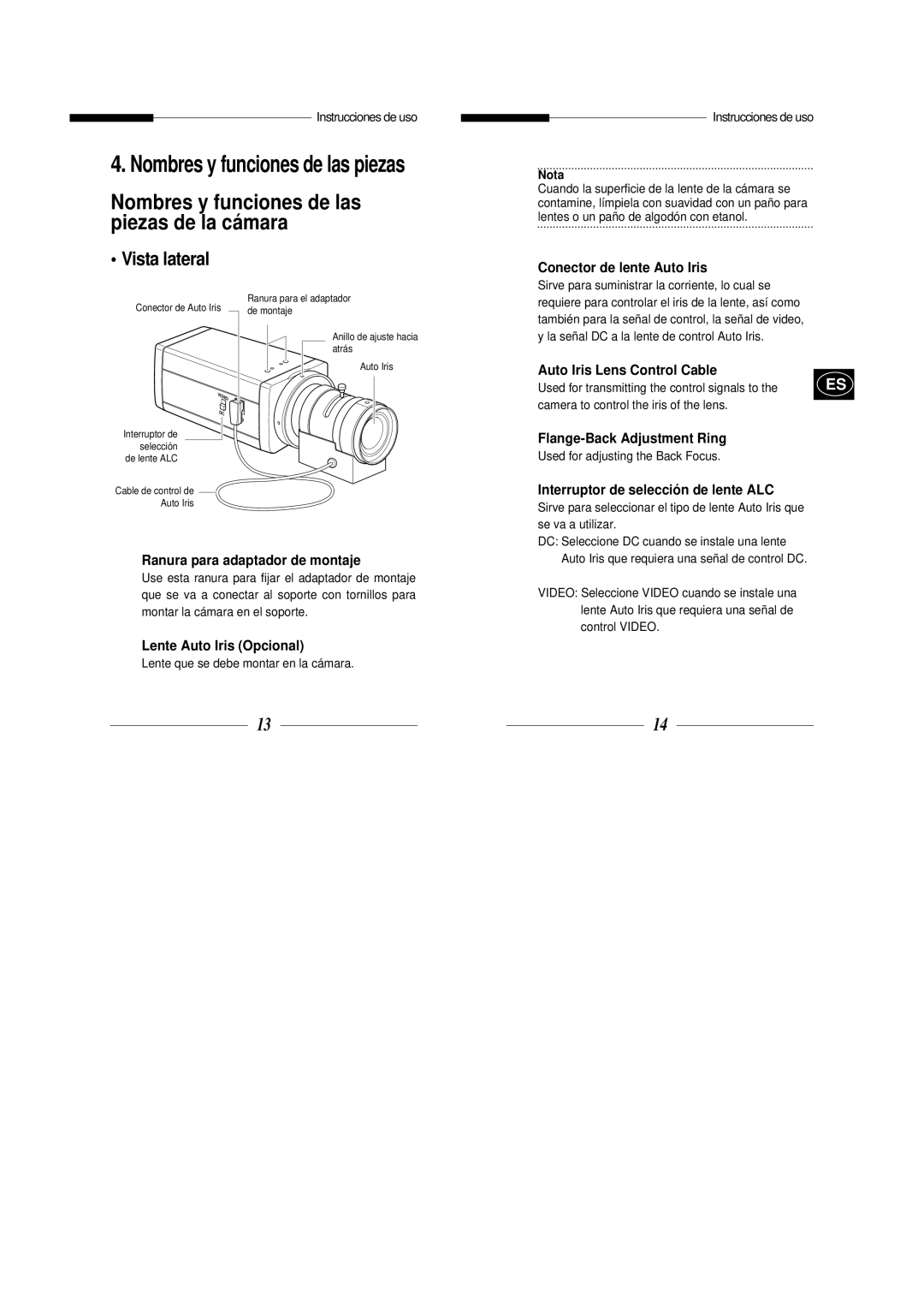 Samsung SBC-300AP, SBC-301AP manual Nombres y funciones de las piezas, Vista lateral 