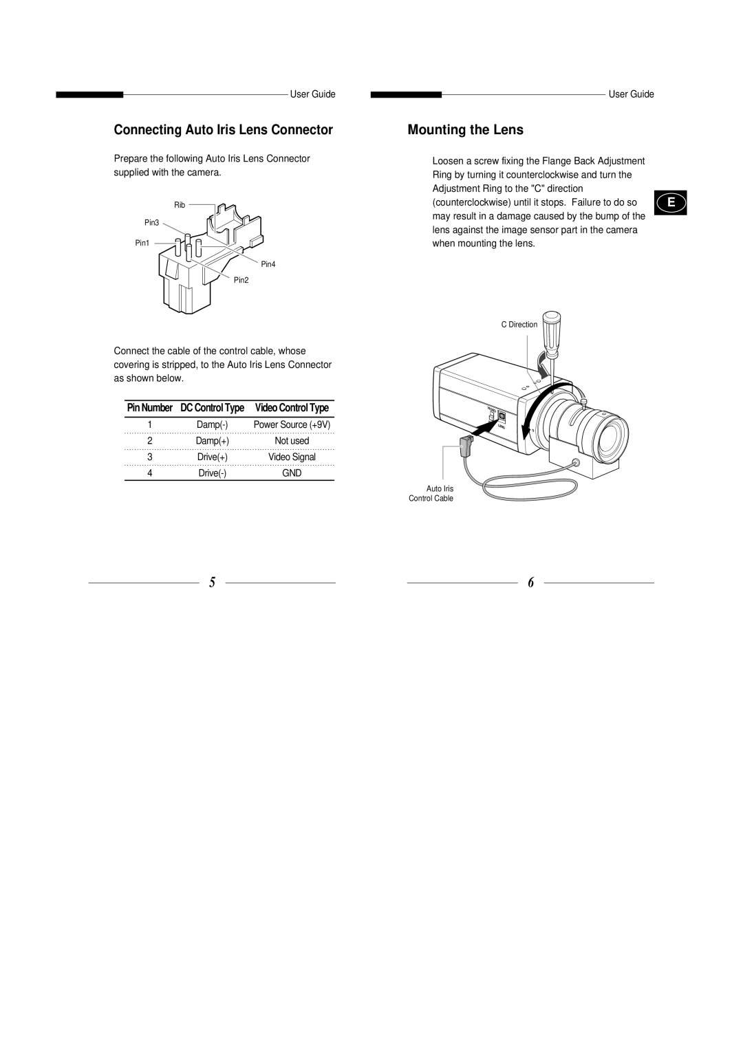 Samsung SBC-301AP manual Connecting Auto Iris Lens Connector, Mounting the Lens, Damp+ Not used Drive+ Video Signal 