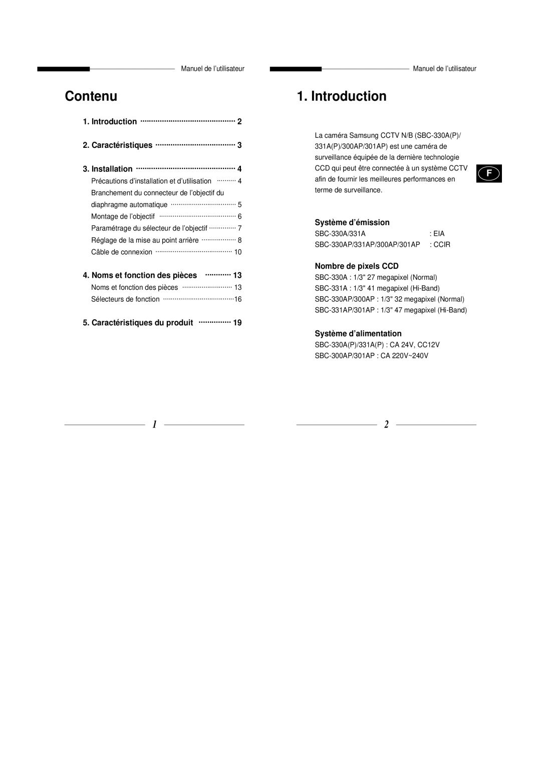 Samsung SBC-331AP/XEV, SBC-330AP Contenu, Introduction, Système d’émission, Nombre de pixels CCD, Système d’alimentation 