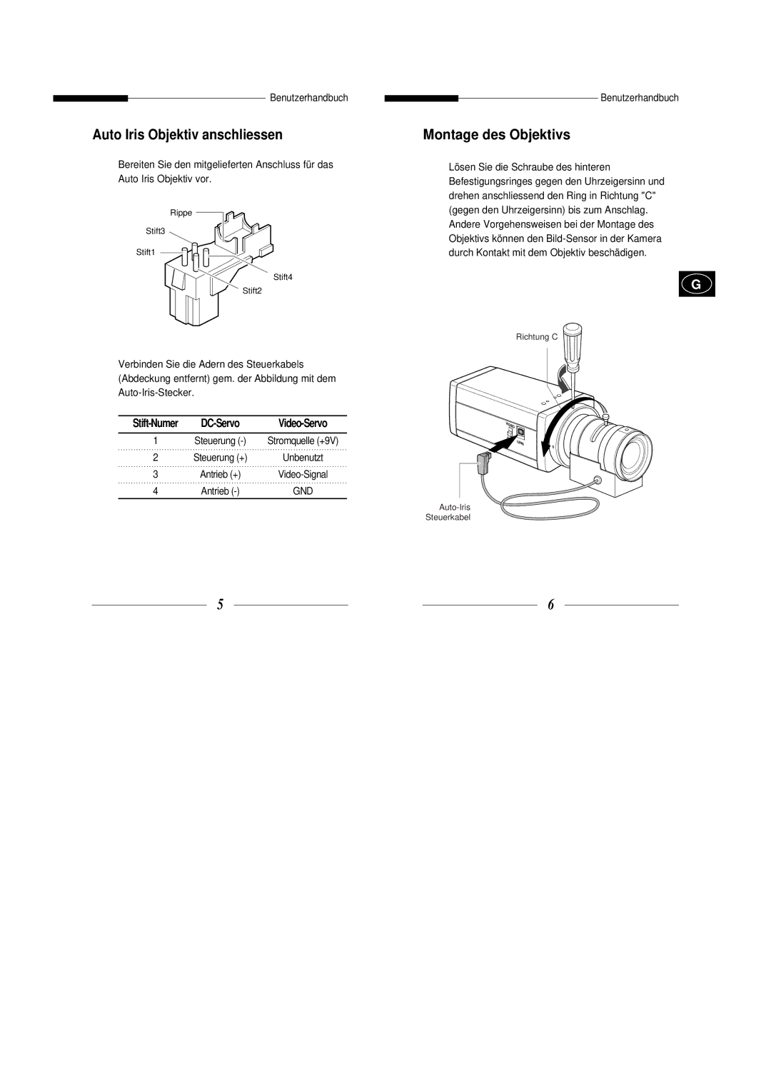 Samsung SBC-301AP, SBC-331AP, SBC-330AP, SBC-300AP, SBC-330AN manual Auto Iris Objektiv anschliessen, Montage des Objektivs 