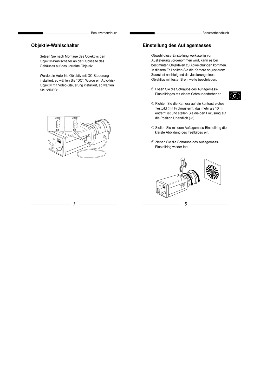 Samsung SBC-300AP, SBC-331AP, SBC-330AP, SBC-301AP, SBC-330AN manual Objektiv-Wahlschalter, Einstellung des Auflagemasses 