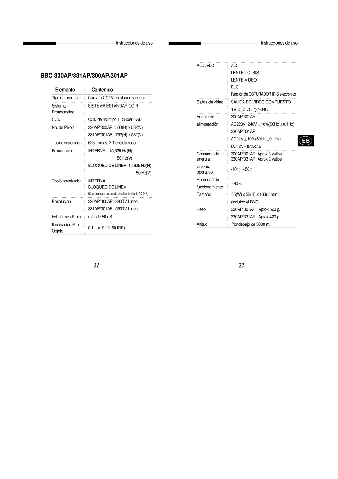 Samsung SBC-331AP/XEV manual No. de Pixels, 625 Líneas, 21 entrelazado, Frecuencia Interna 15,625 H ZH, 10%50Hz 1Hz, Tamaño 