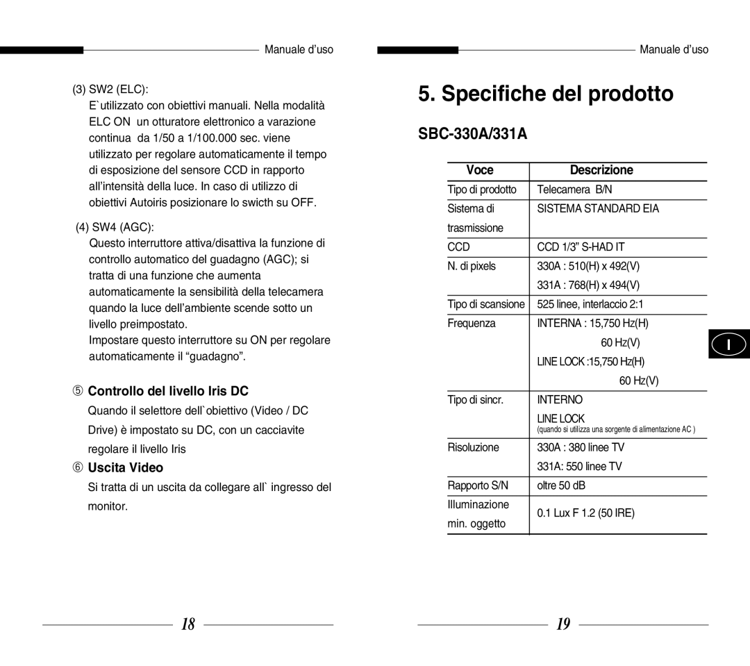 Samsung SBC-331AP/XEV manual Specifiche del prodotto, ➄ Controllo del livello Iris DC, ➅ Uscita Video, Voce Descrizione 