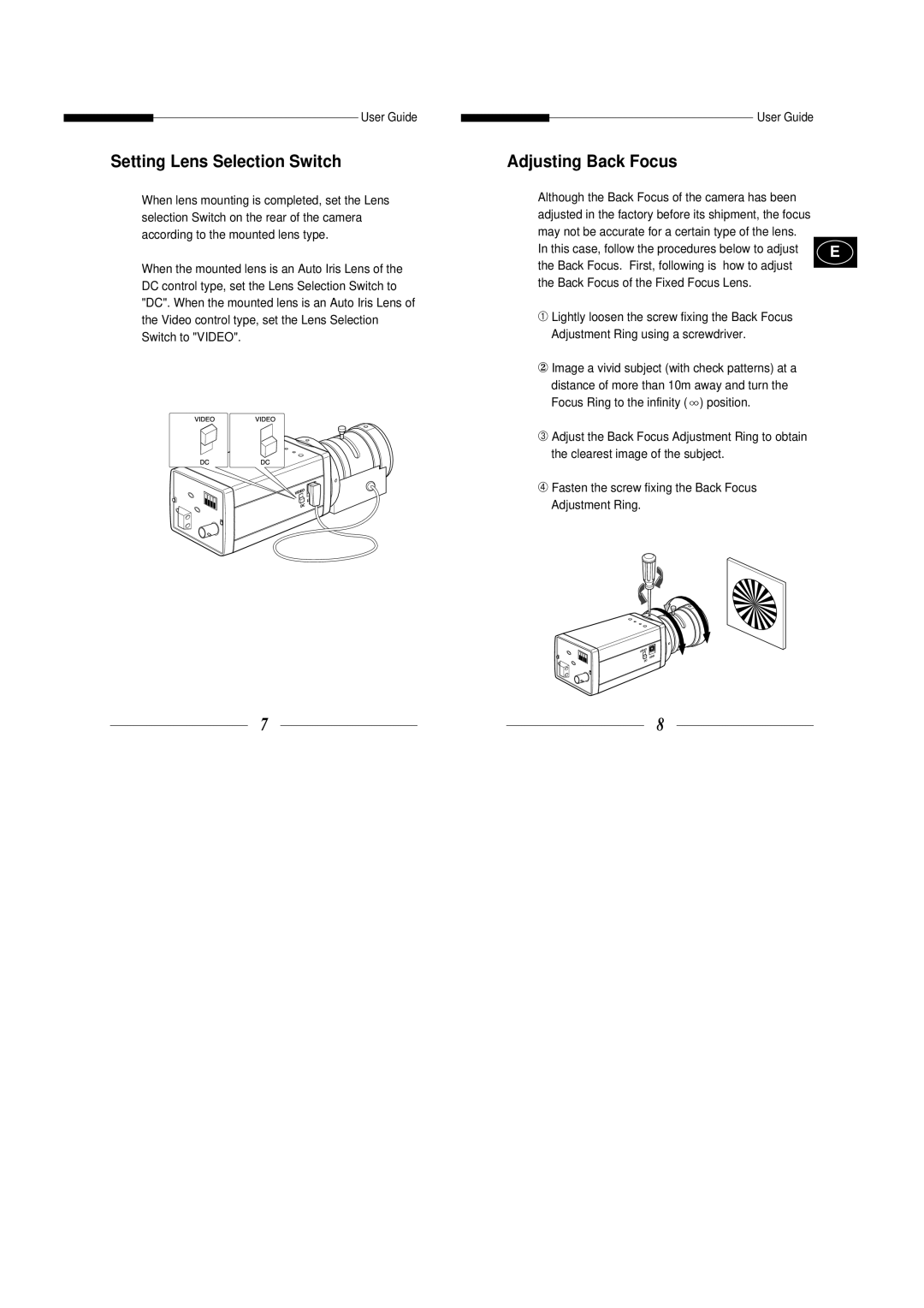 Samsung SBC-330AP, SBC-331AP, SBC-301AP, SBC-300AP, SBC-330AN manual Setting Lens Selection Switch, Adjusting Back Focus 