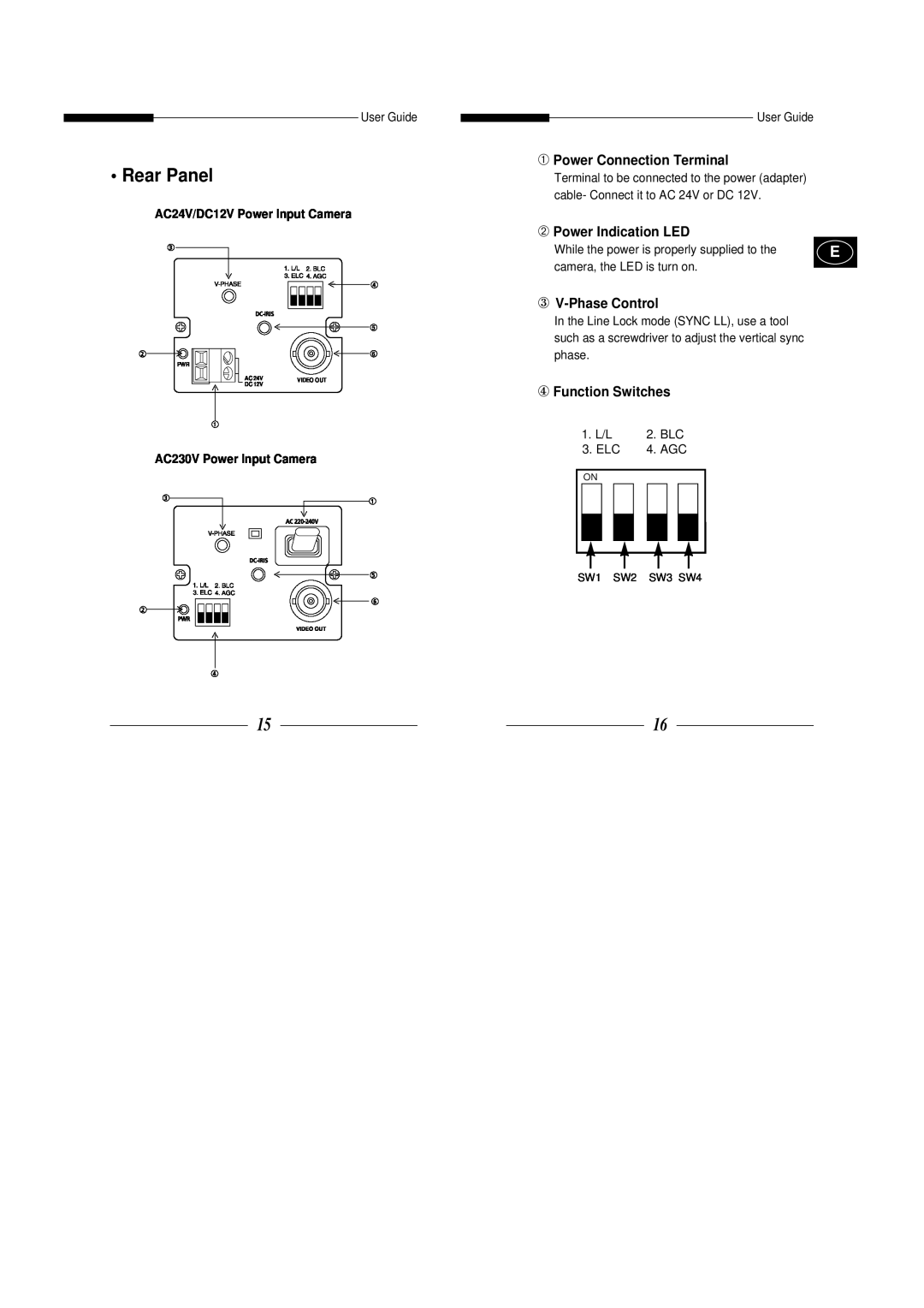 Samsung SBC-331AP/XEV manual Rear Panel, ➀ Power Connection Terminal, ➁ Power Indication LED, ③ V-Phase Control, Video Out 