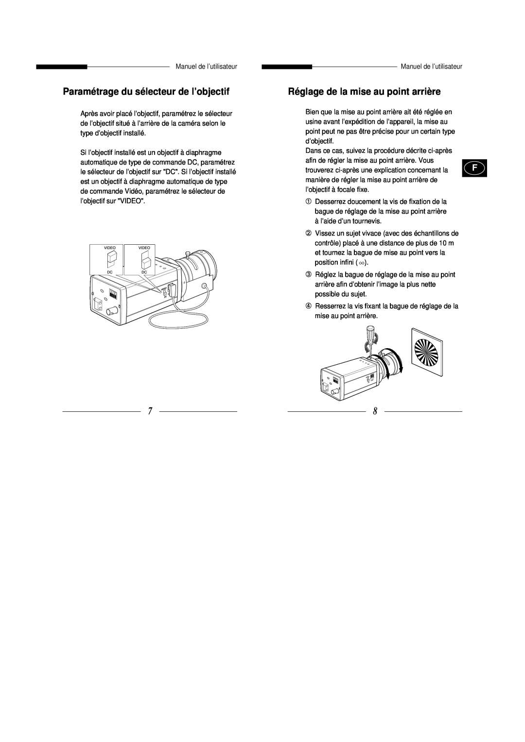 Samsung SBC-301AP, SBC-331AP, SBC-330AP manual Paramétrage du sélecteur de l’objectif, Réglage de la mise au point arrière 