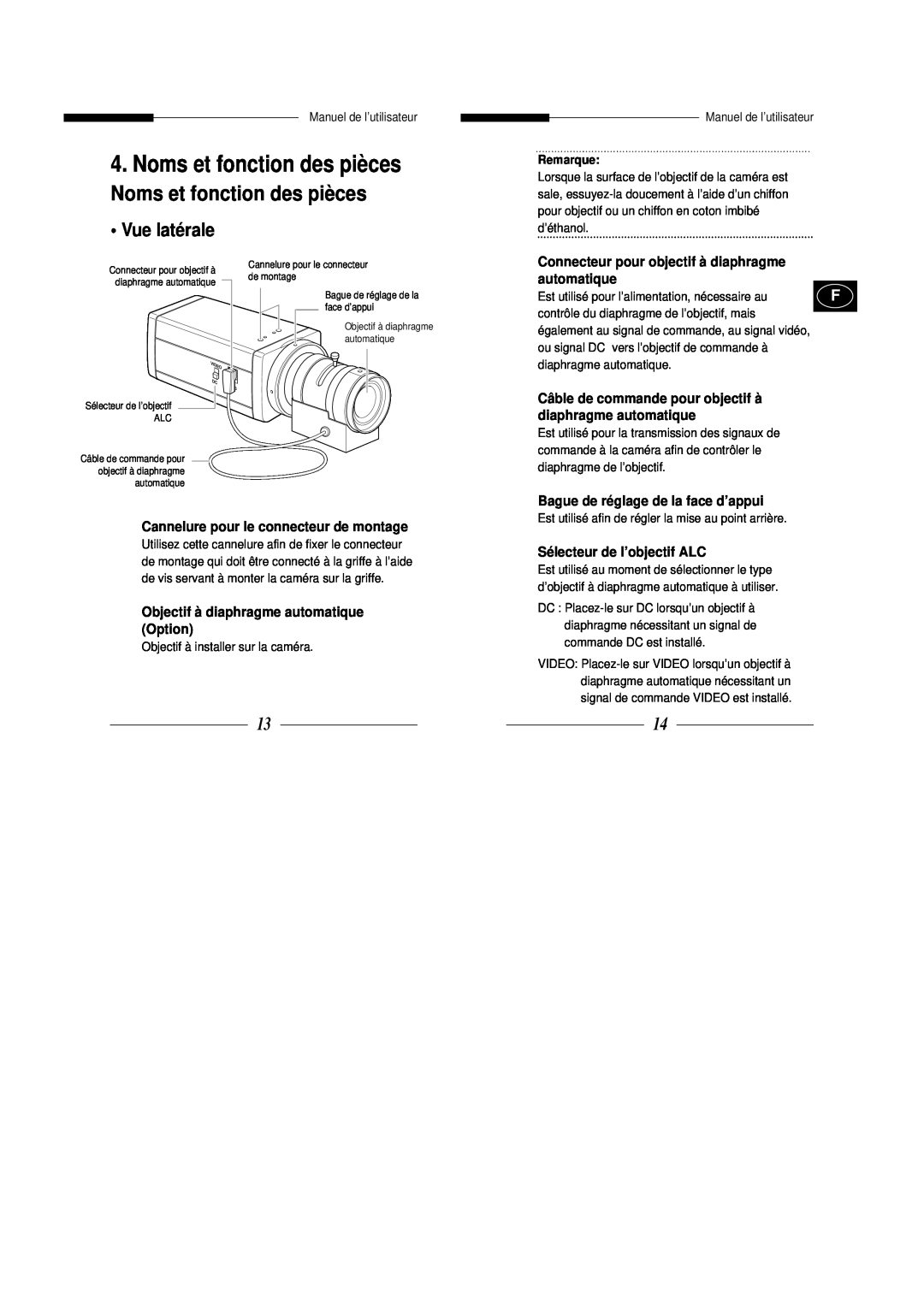 Samsung SBC-331AP/XEV manual Noms et fonction des pièces, Vue latérale, Connecteur pour objectif à diaphragme automatique 