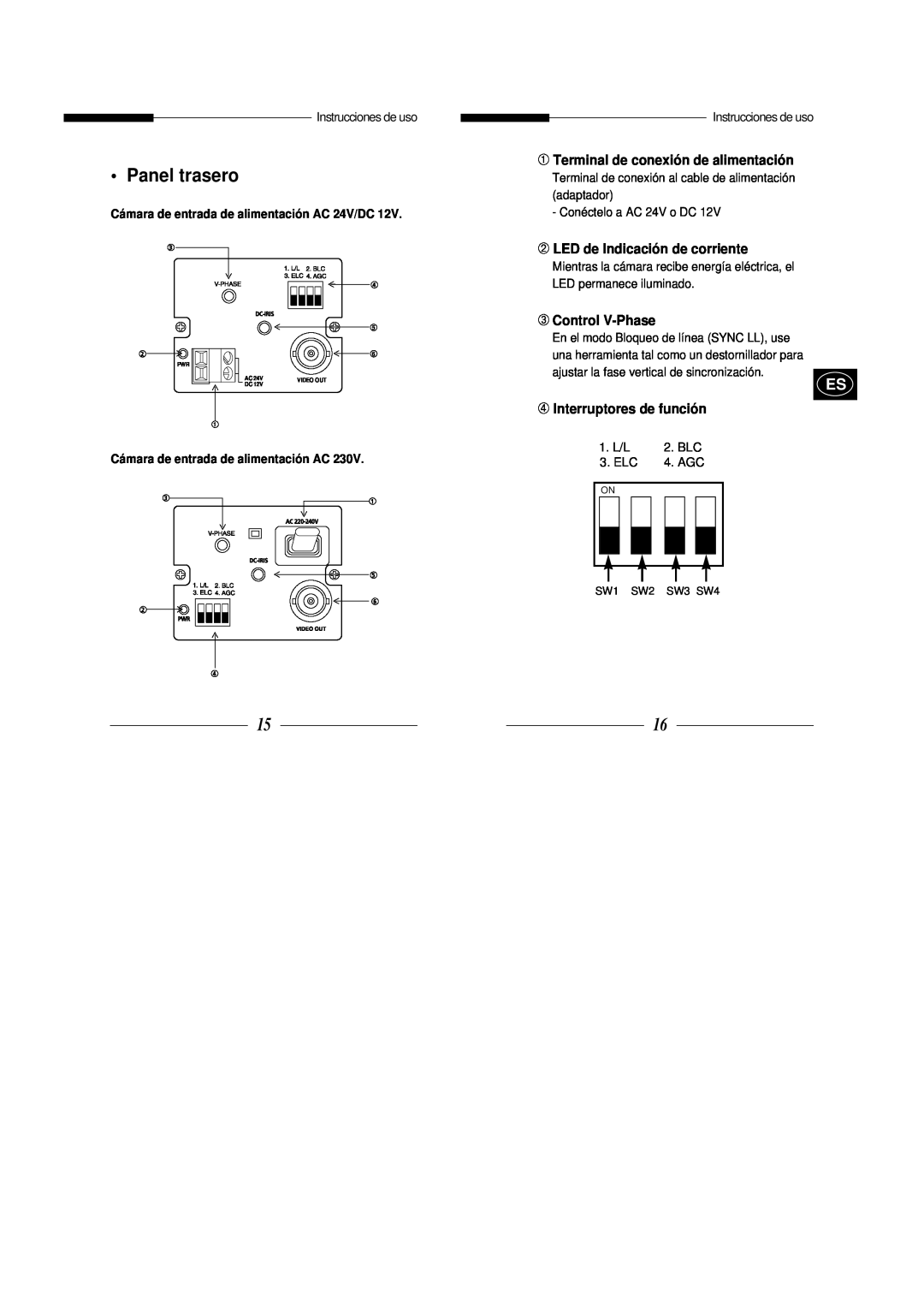 Samsung SBC-301AP manual Panel trasero, ➀ Terminal de conexión de alimentación, ➁ LED de Indicación de corriente, Video Out 
