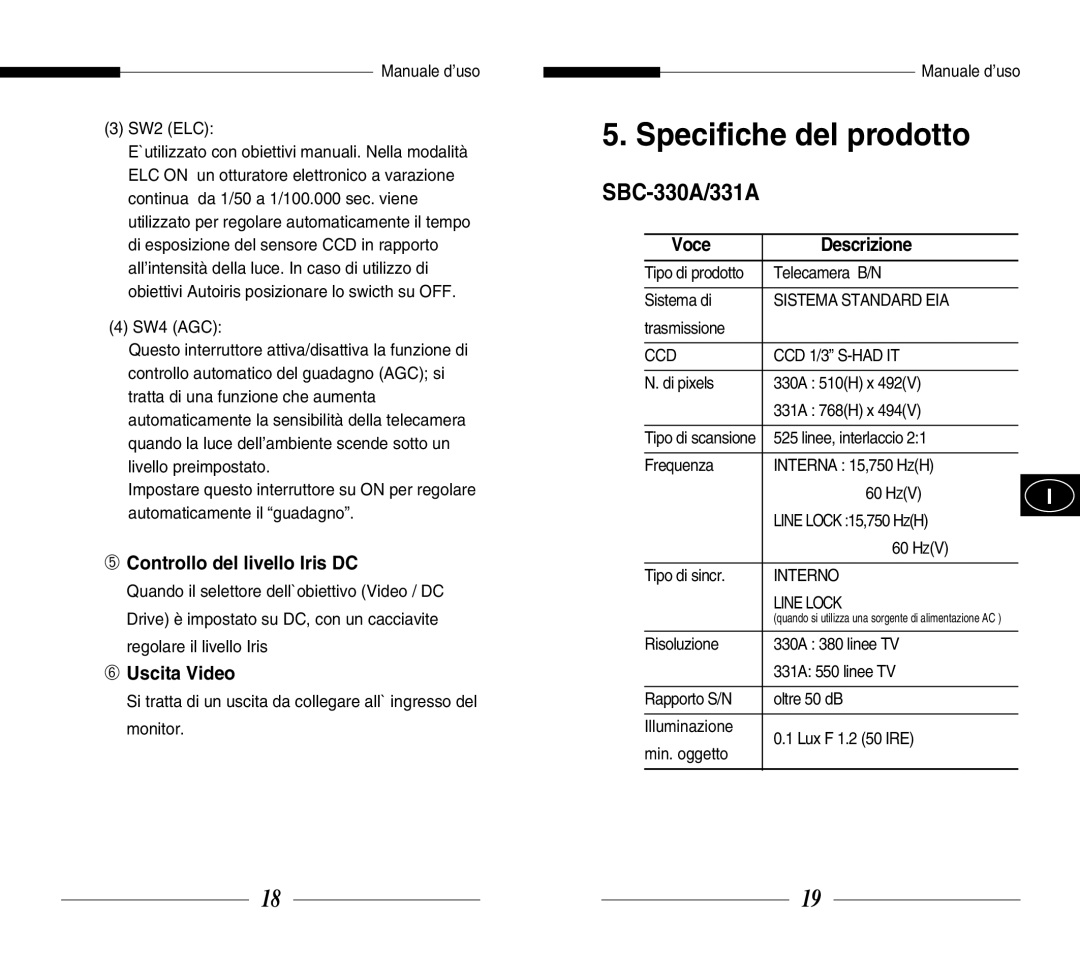 Samsung SBC-331AP/XEV manual Specifiche del prodotto, ➄ Controllo del livello Iris DC, ➅ Uscita Video, Voce, Descrizione 