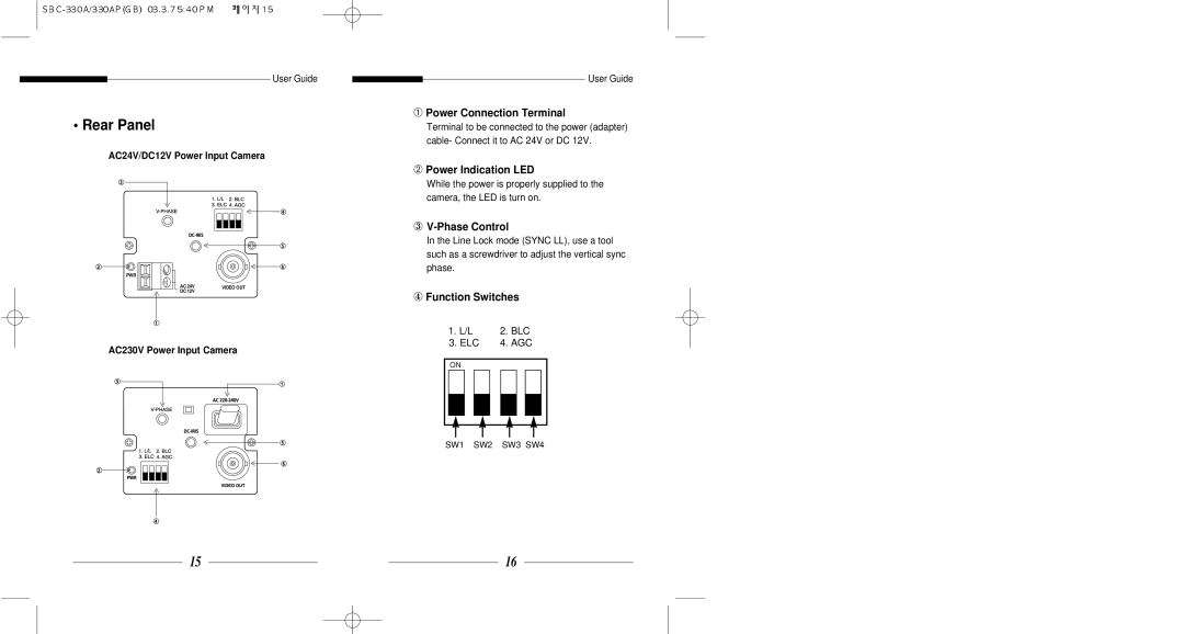 Samsung SBC-331AP, SBC-330A ➀ Power Connection Terminal, ➁ Power Indication LED, ③ V-Phase Control, ④ Function Switches 