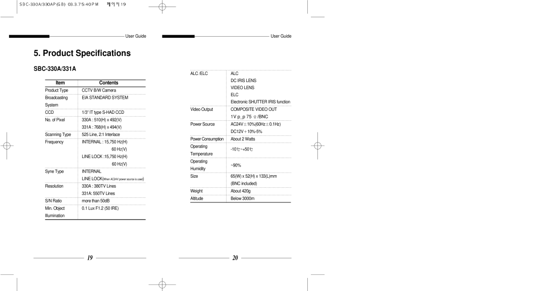 Samsung SBC-331AP, SBC-330AP, SBC-301AP, SBC-300AP user service Product Specifications, SBC-330A/331A, Contents 