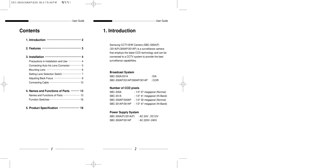 Samsung SBC-331AP, SBC-330AP, SBC-301AP, SBC-300AP user service Contents, Introduction 