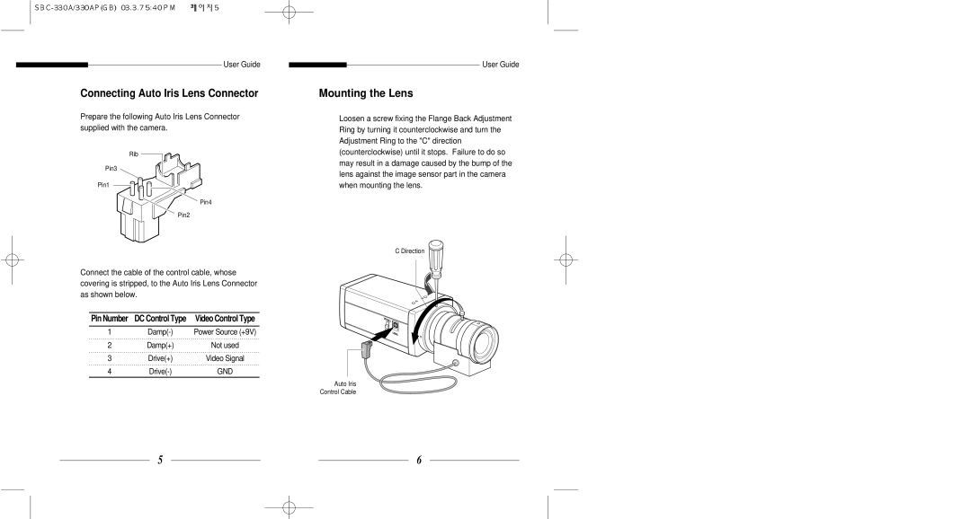 Samsung SBC-300AP, SBC-331AP, SBC-330AP, SBC-301AP user service Connecting Auto Iris Lens Connector, Mounting the Lens 