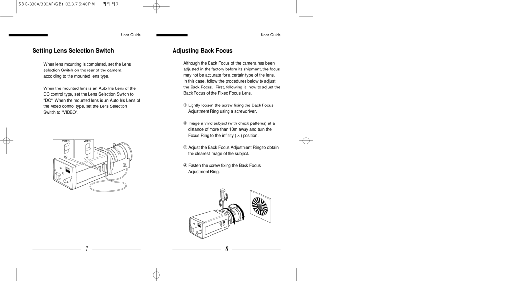 Samsung SBC-331AP, SBC-330AP, SBC-301AP, SBC-300AP user service Setting Lens Selection Switch, Adjusting Back Focus 