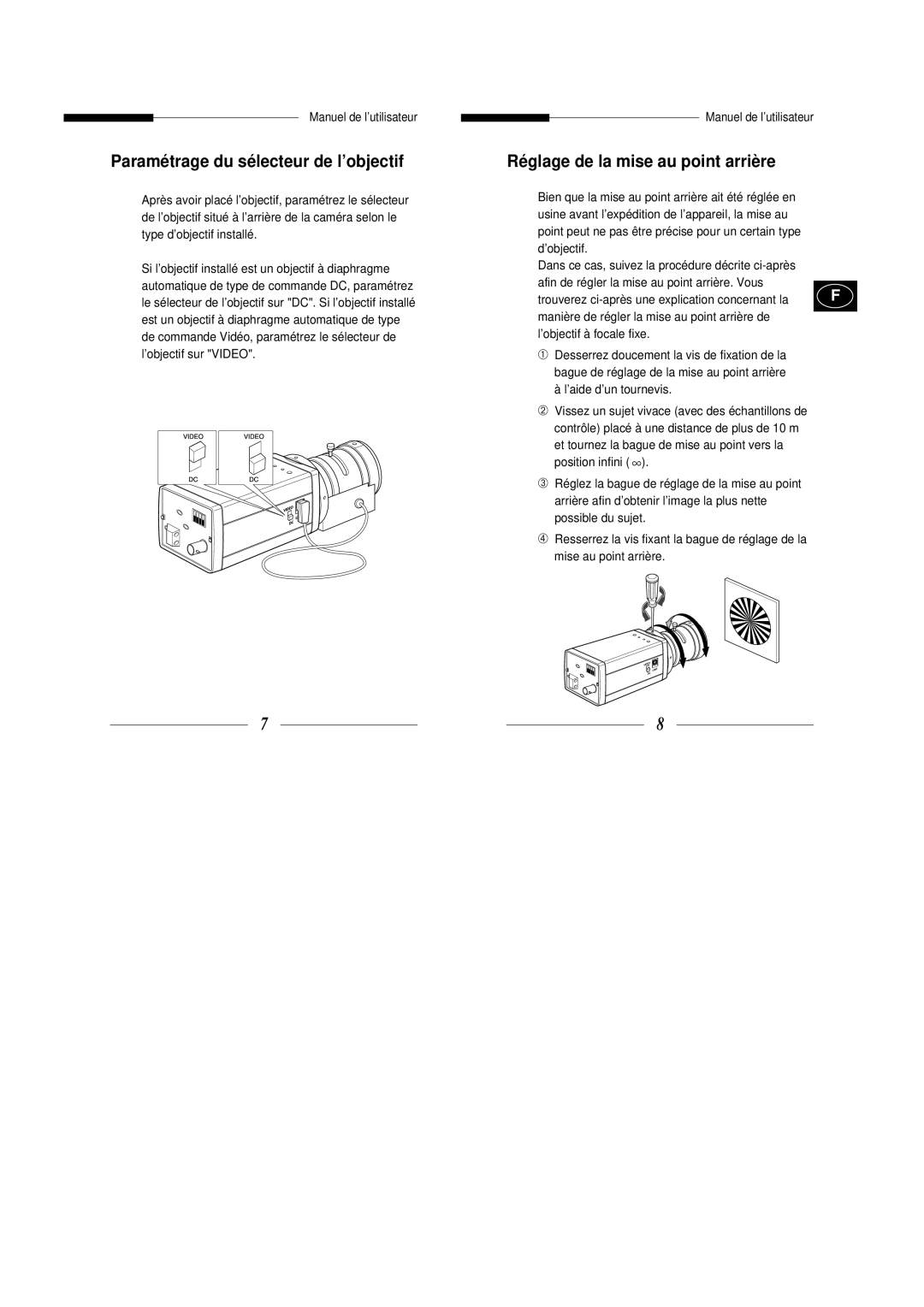 Samsung SBC-331AP, SBC-330AP manual Paramétrage du sélecteur de l’objectif, Réglage de la mise au point arrière 