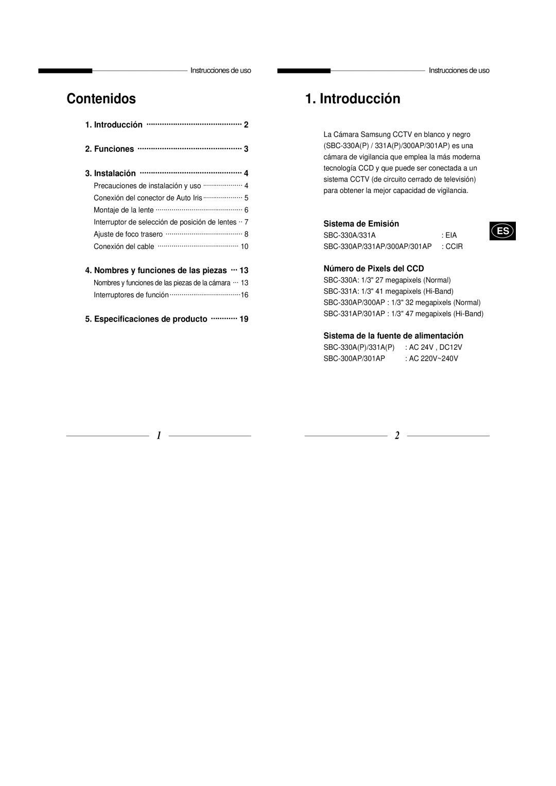 Samsung SBC-330AP, SBC-331AP manual Introducción, Funciones, Sistema de Emisión, Número de Pixels del CCD 