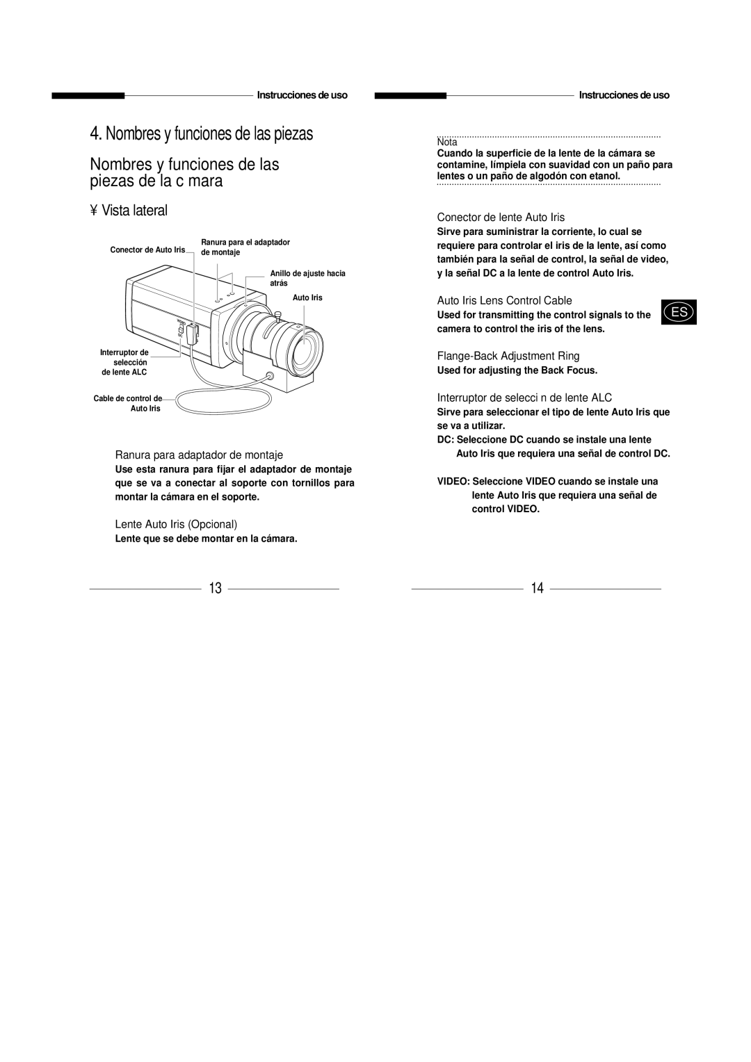 Samsung SBC-331AP/XEV manual Nombres y funciones de las piezas, Vista lateral 