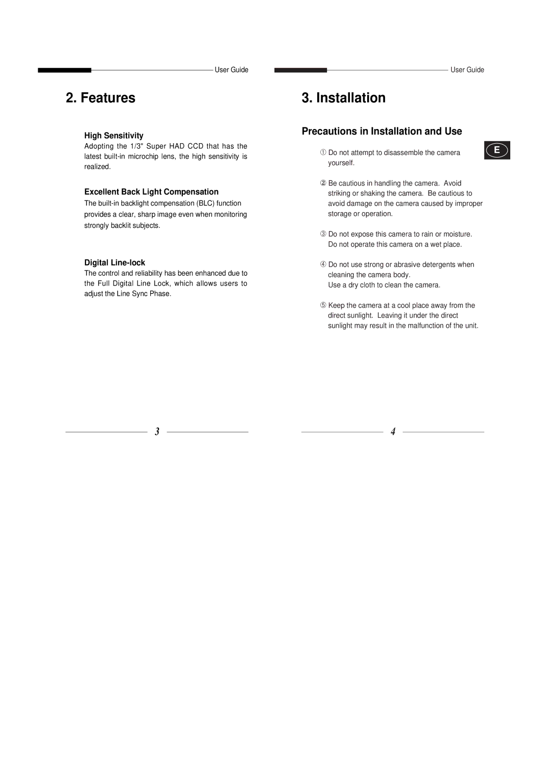 Samsung SBC-331AP/XEV manual Features, Precautions in Installation and Use 