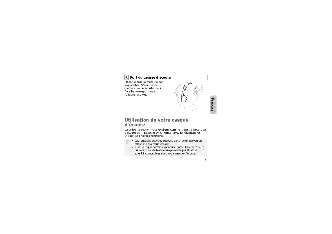 Samsung A3LSBH600, B013420, 649E-SBH600 manual Utilisation de votre casque découte, Port du casque découte, Français 